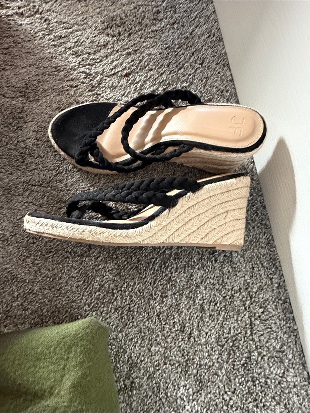 JustFab Black Braided Espadrille Wedge Sandals with Natural Jute Heel